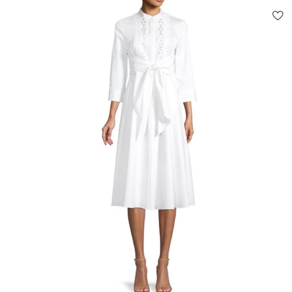Elie Tahari Ann Tie Poplin 3/4 Sleeve Clean Cut Midi Dress White Size 2 $448